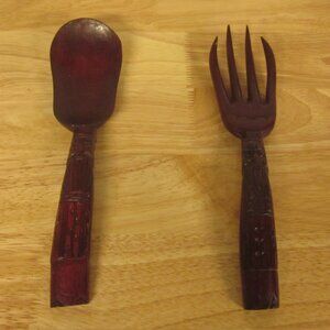 Vintage Carved Wooden Salad Fork & Spoon